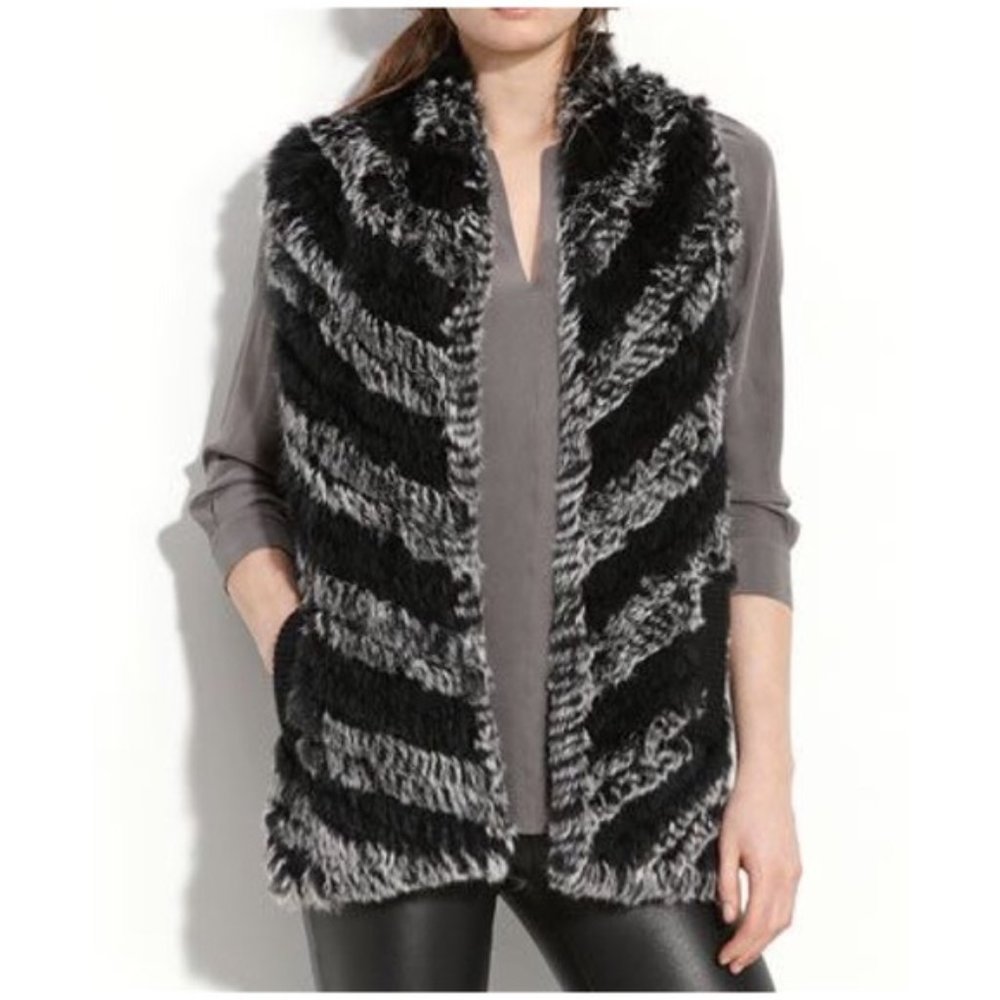 Vintage new Marc Jacobs Hayworth 100% rabbit fur striped high-low vest gilet
